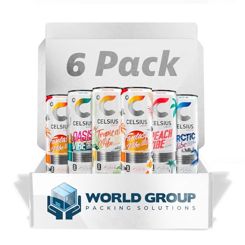 CELSIUS Sparkling Energy Drink - 12 fl oz (Pack of 6) - Variety Pack (Oasis Vibe, Fantasy Vibe, Peach Vibe, Arctic Vibe, Tropical Vibe) Available Kind, Functional Essential Energy Drinks, Zero Sugar - By World Group Packing Solutions