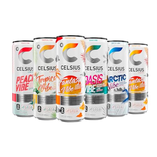 CELSIUS Sparkling Energy Drink - 12 fl oz (Pack of 6) - Variety Pack (Oasis Vibe, Fantasy Vibe, Peach Vibe, Arctic Vibe, Tropical Vibe) Available Kind, Functional Essential Energy Drinks, Zero Sugar - By World Group Packing Solutions