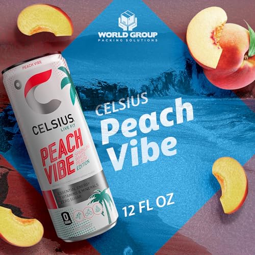 CELSIUS Sparkling Energy Drink - 12 fl oz (Pack of 6) - Variety Pack (Oasis Vibe, Fantasy Vibe, Peach Vibe, Arctic Vibe, Tropical Vibe) Available Kind, Functional Essential Energy Drinks, Zero Sugar - By World Group Packing Solutions