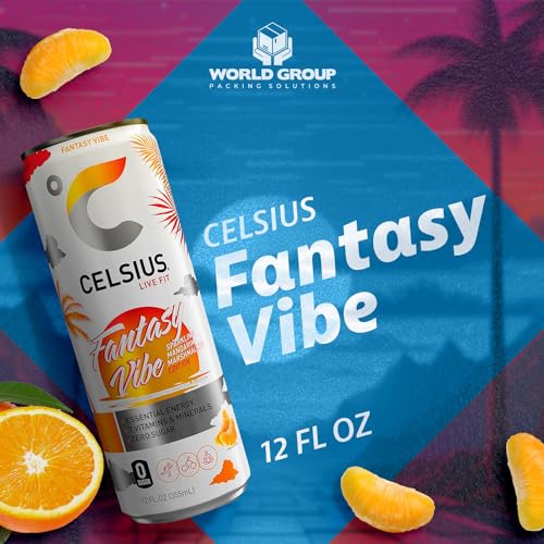 CELSIUS Sparkling Energy Drink - 12 fl oz (Pack of 6) - Variety Pack (Oasis Vibe, Fantasy Vibe, Peach Vibe, Arctic Vibe, Tropical Vibe) Available Kind, Functional Essential Energy Drinks, Zero Sugar - By World Group Packing Solutions