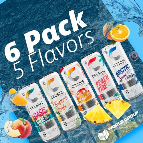 CELSIUS Sparkling Energy Drink - 12 fl oz (Pack of 6) - Variety Pack (Oasis Vibe, Fantasy Vibe, Peach Vibe, Arctic Vibe, Tropical Vibe) Available Kind, Functional Essential Energy Drinks, Zero Sugar - By World Group Packing Solutions